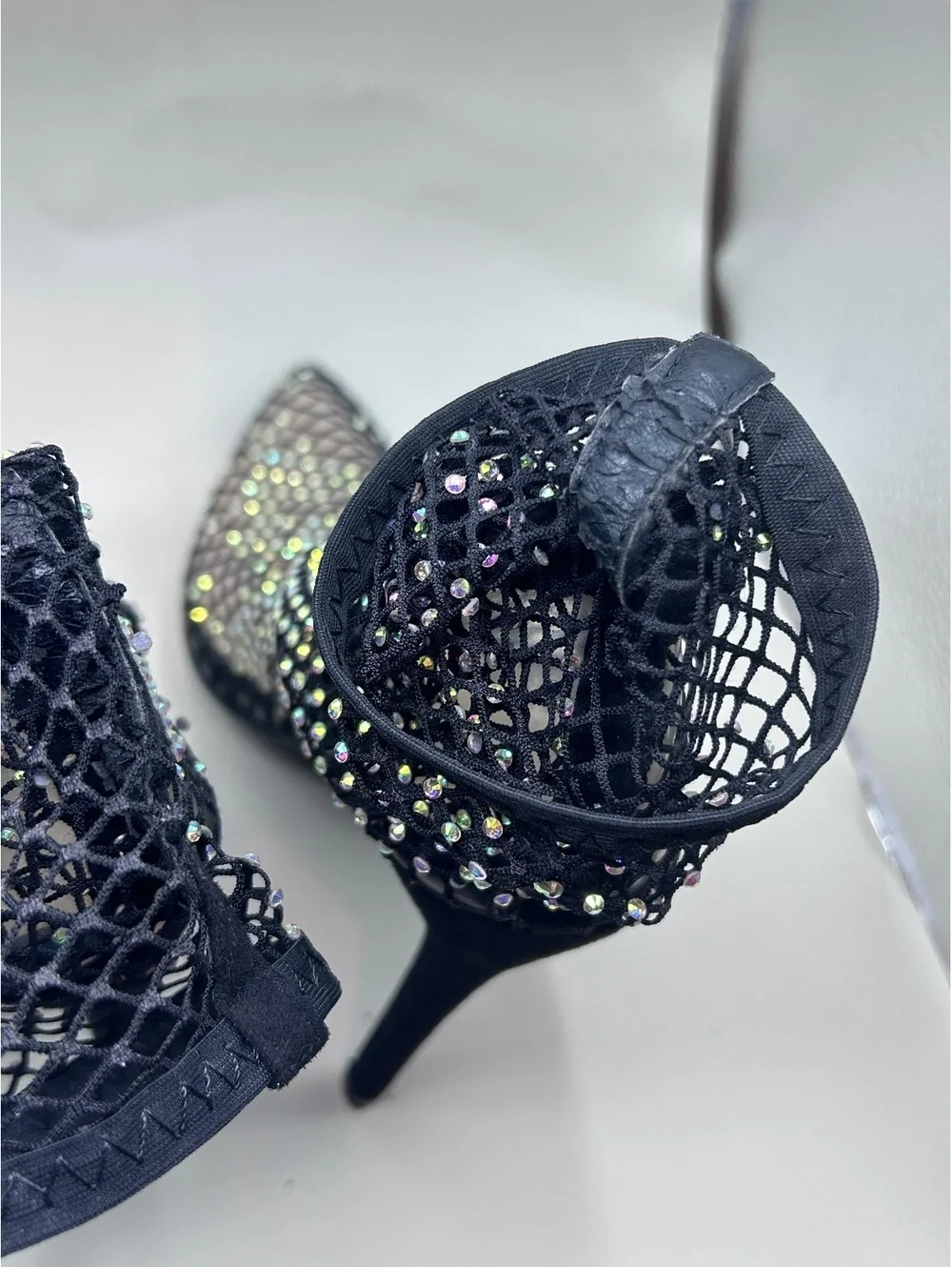 Black Rhinestone Mesh Ankle Boots Women's Size 8 Pointed Toe Stiletto Booties